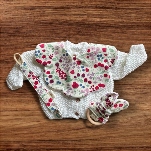 Berry Harvest Bib, Dummy Clip, Teething Ring