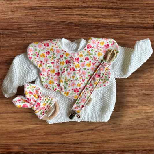 Summer Poppies Bib, Dummy Clip, Teething Ring