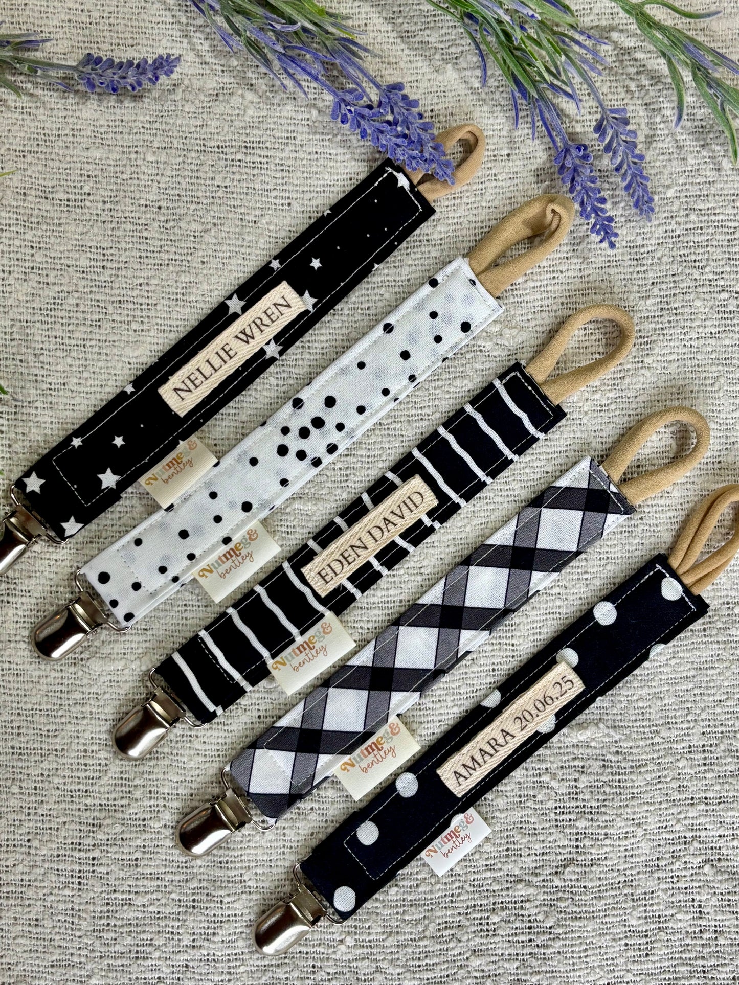 Personalised Dummy Clip – Handmade, Safe & Timeless Monochrome Baby Keepsake