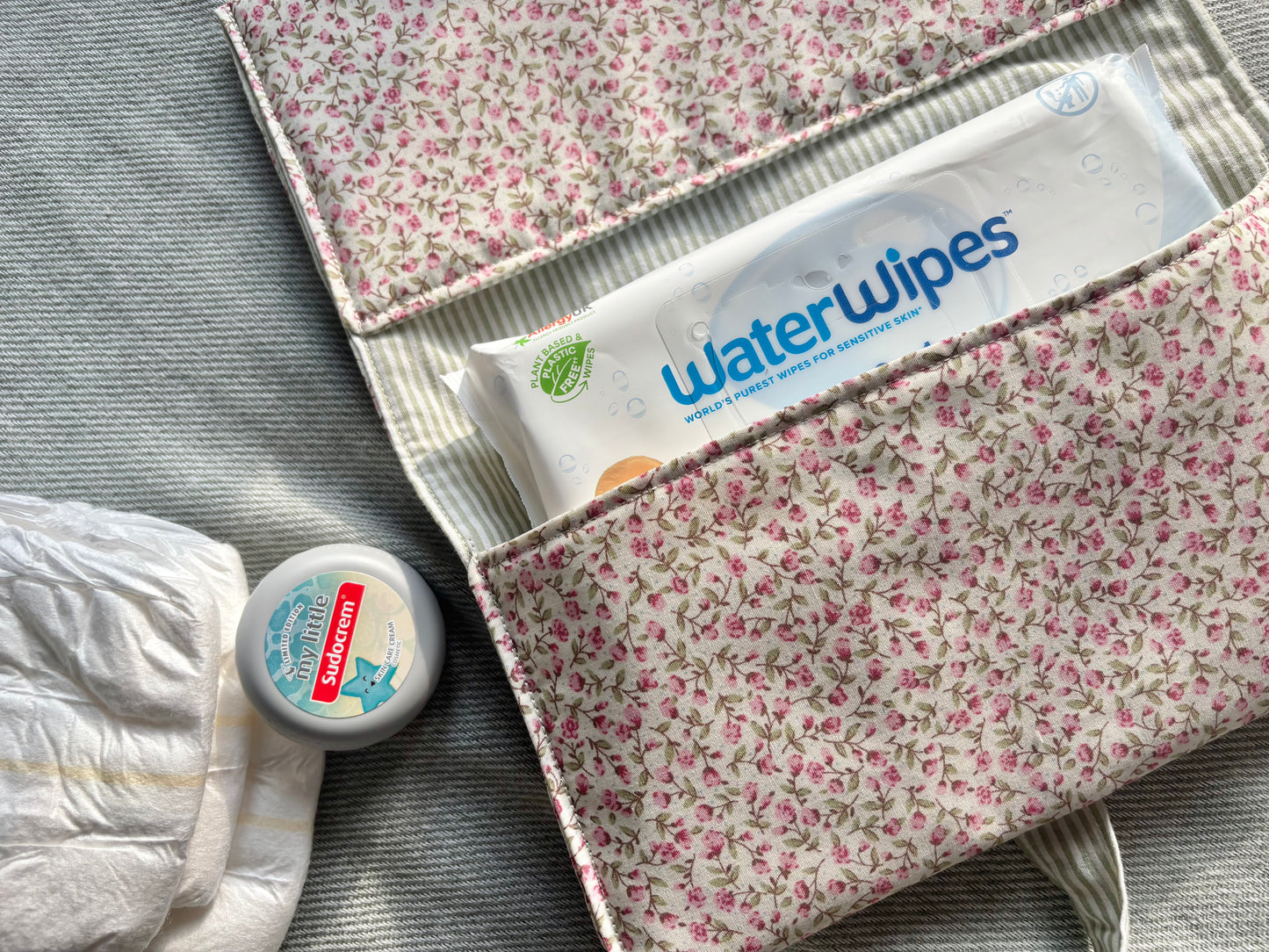 Nappy Wallet - Ditsy Pink Floral Sage Pinstripe