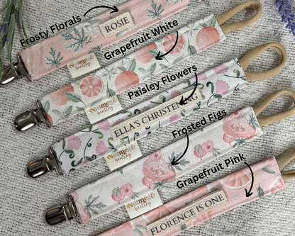 Personalised Dummy Clip – Handmade, Safe & Timeless Fruits and Florals Baby Keepsake
