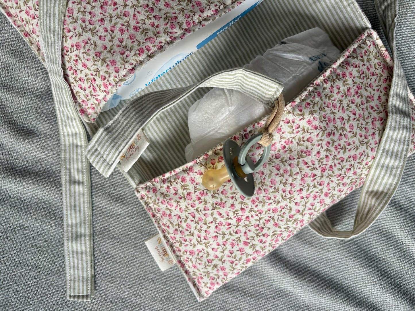 Nappy Wallet - Ditsy Pink Floral Sage Pinstripe