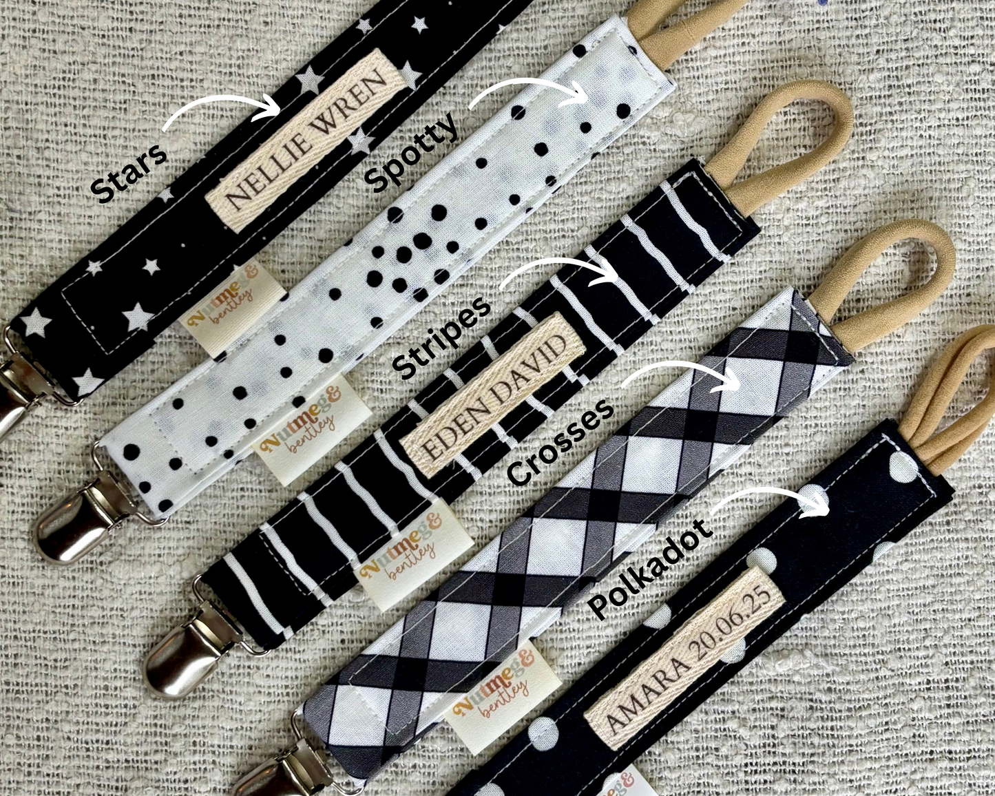 Personalised Dummy Clip – Handmade, Safe & Timeless Monochrome Baby Keepsake