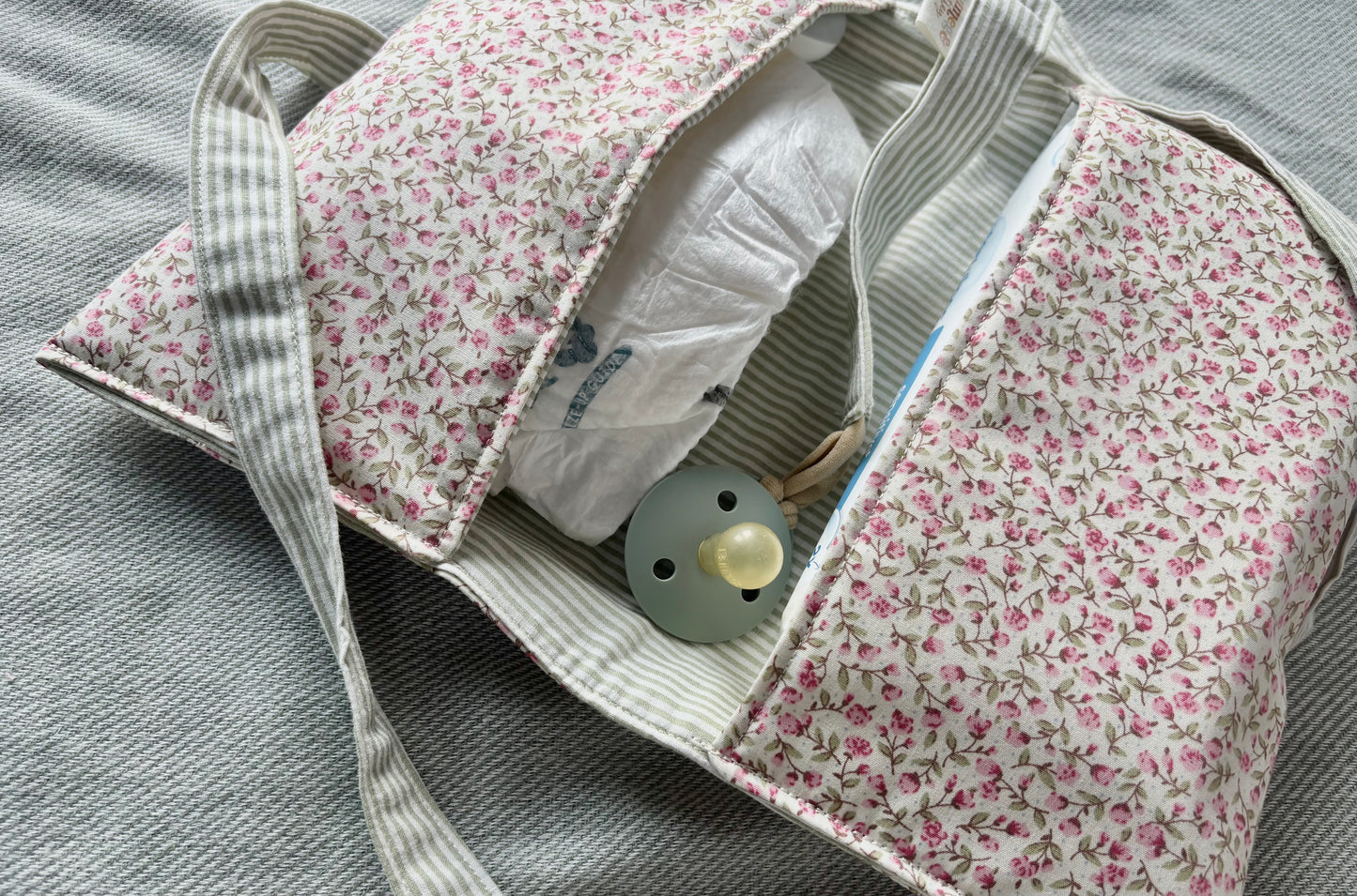 Nappy Wallet - Ditsy Pink Floral Sage Pinstripe