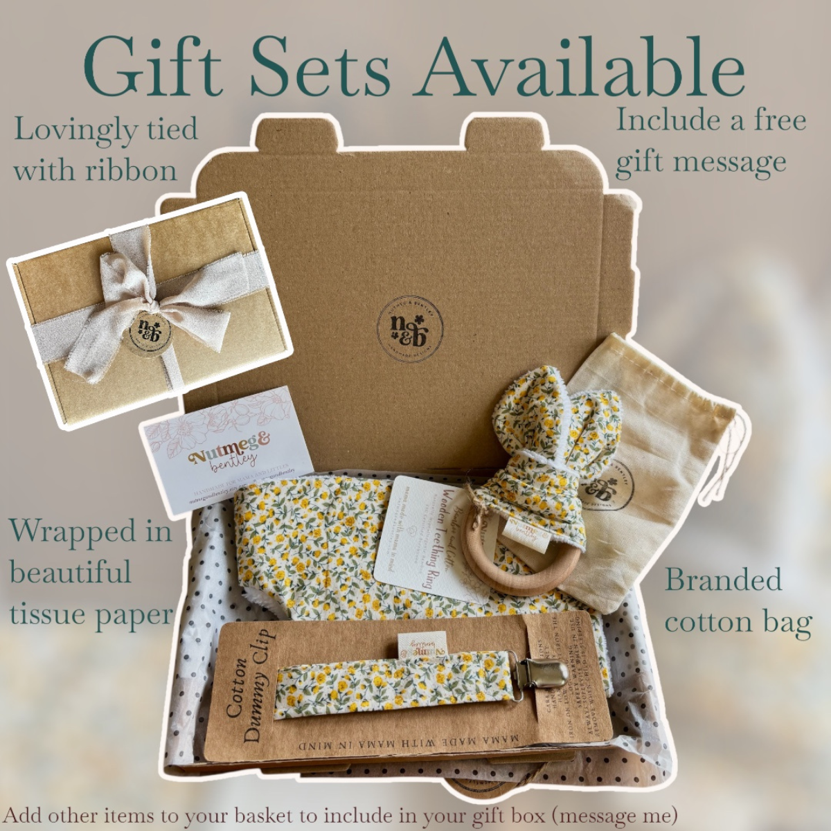 Buttercup Bib, Dummy Clip, Teething Ring