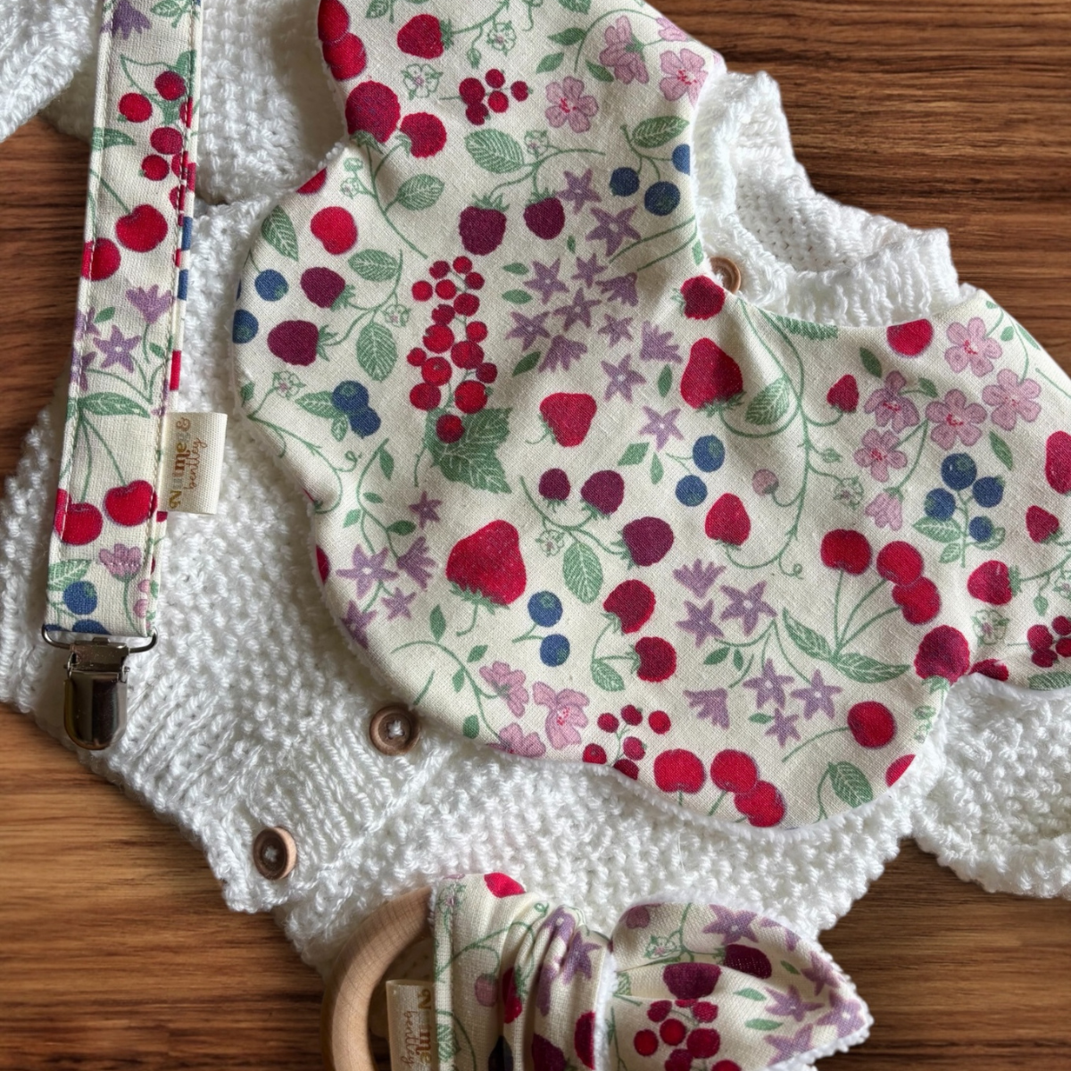 Berry Harvest Bib, Dummy Clip, Teething Ring
