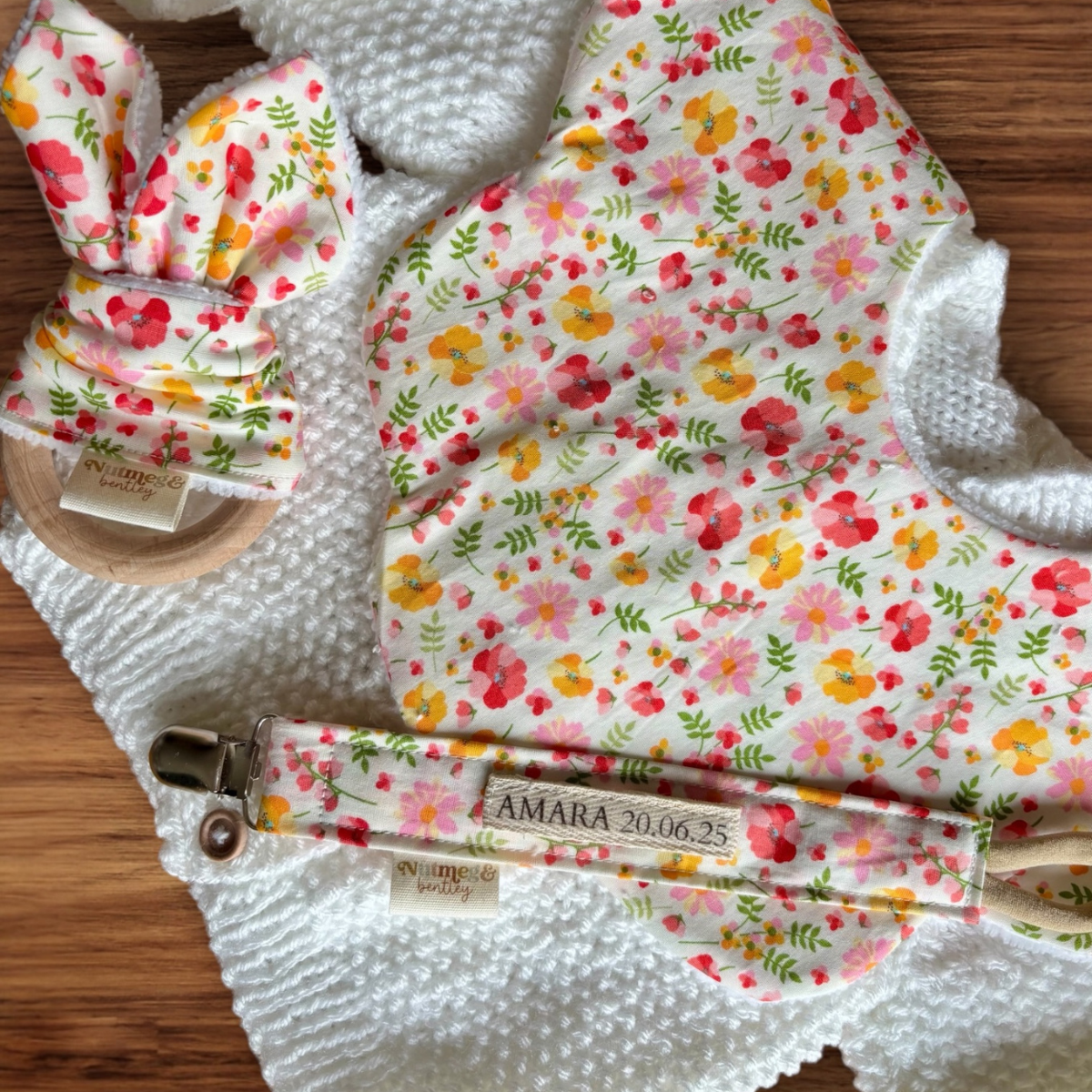Summer Poppies Bib, Dummy Clip, Teething Ring