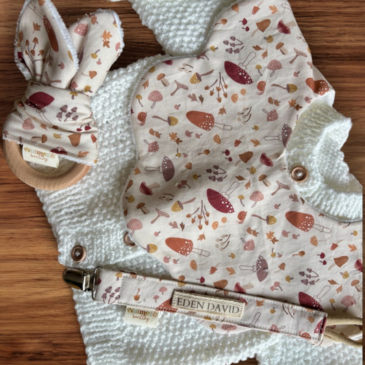 Forest Floor Bib, Dummy Clip, Teething Ring