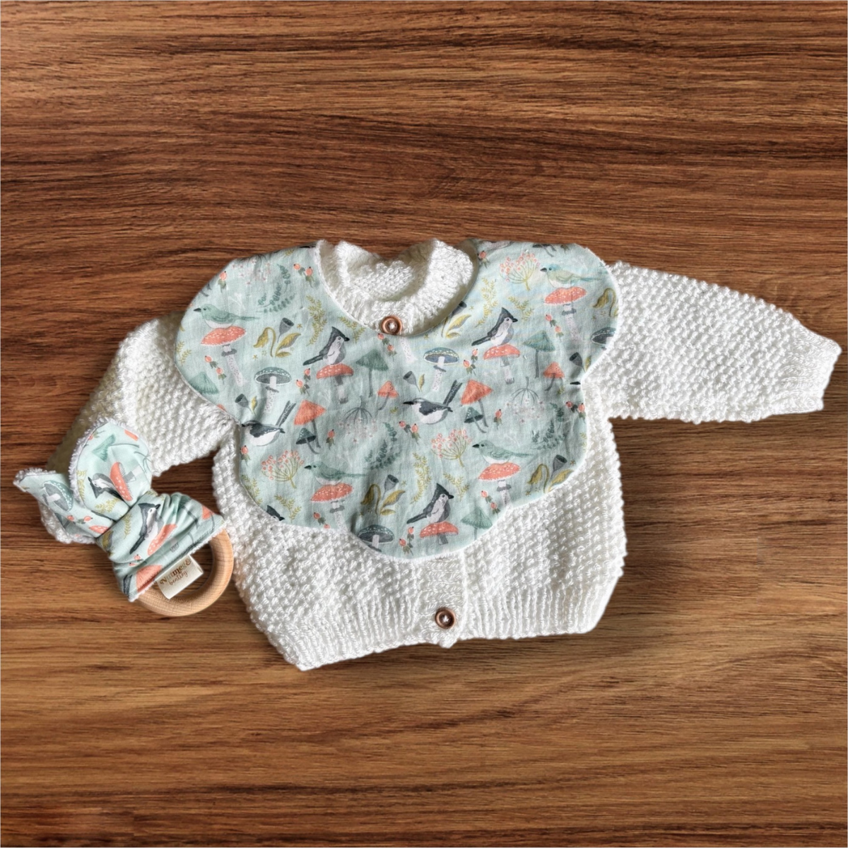 Whimsical Birdies Bib, Teething Ring