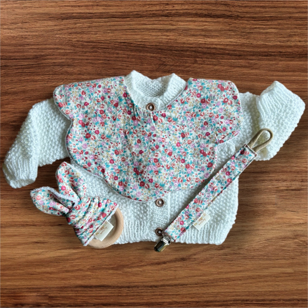 Pastel Florals Bib, Dummy Clip, Teething Ring