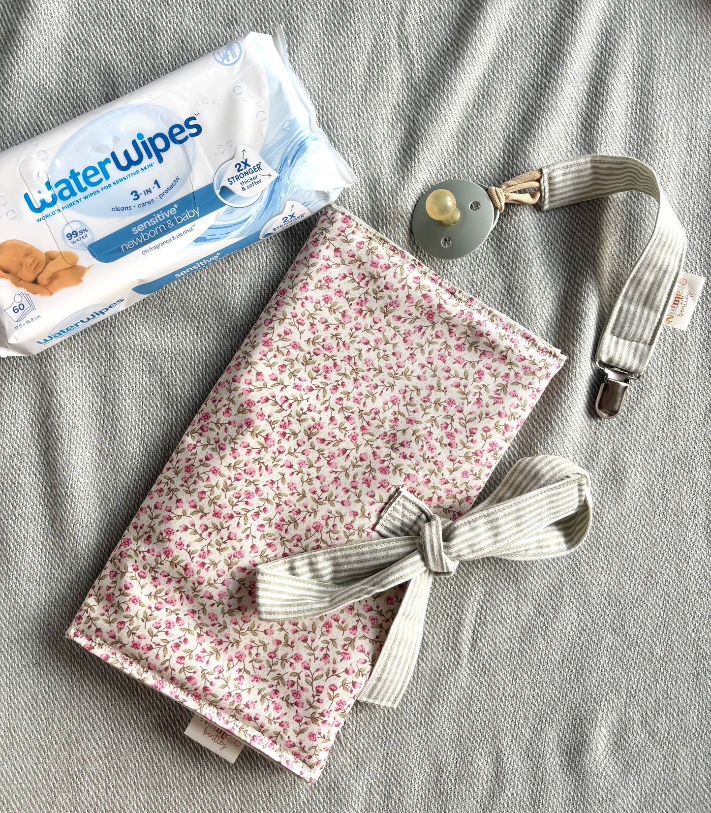 Nappy Wallet - Ditsy Pink Floral Sage Pinstripe