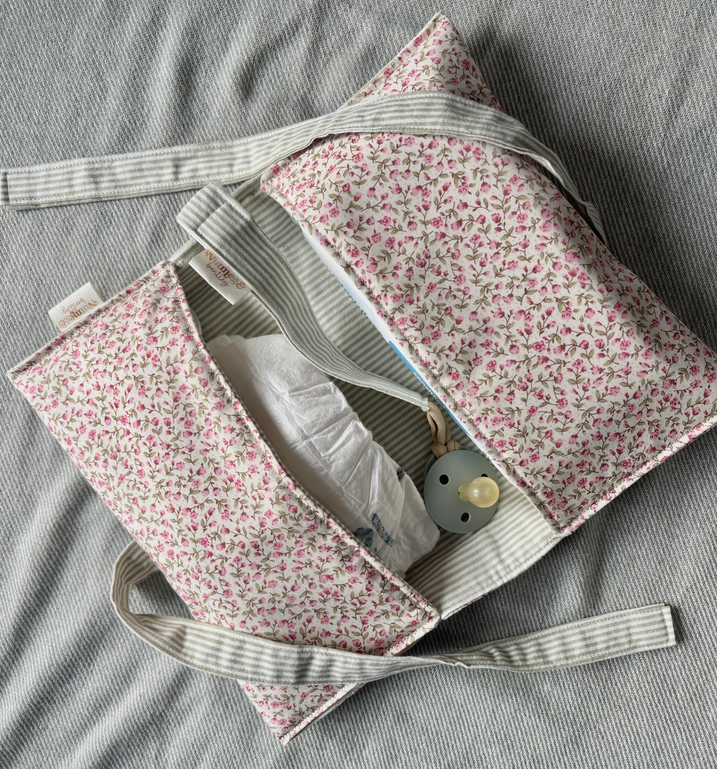 Nappy Wallet - Ditsy Pink Floral Sage Pinstripe