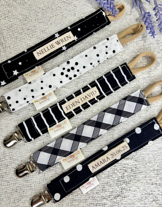 Personalised Dummy Clip – Handmade, Safe & Timeless Monochrome Baby Keepsake