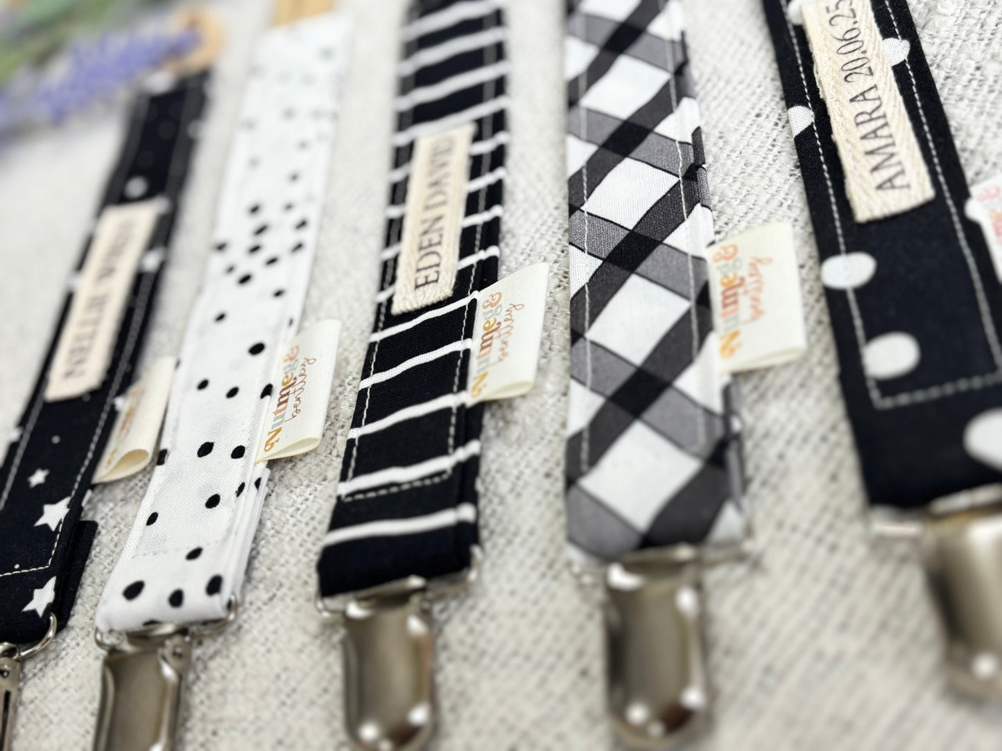 Personalised Dummy Clip – Handmade, Safe & Timeless Monochrome Baby Keepsake