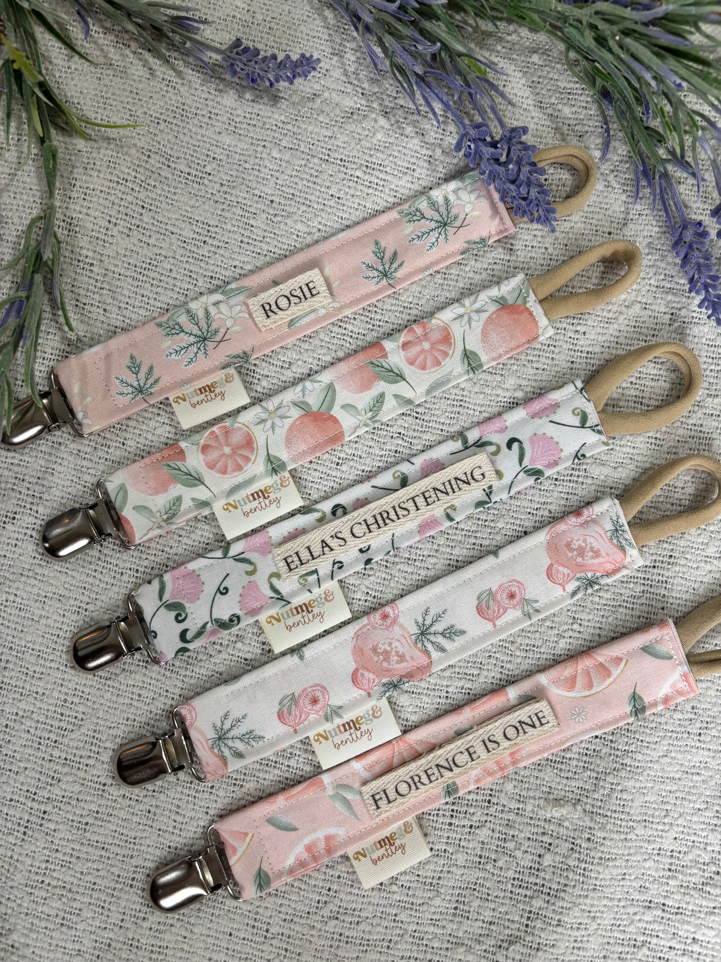 Personalised Dummy Clip – Handmade, Safe & Timeless Fruits and Florals Baby Keepsake