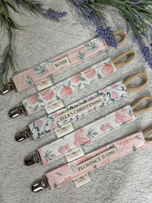 Personalised Dummy Clip – Handmade, Safe & Timeless Fruits and Florals Baby Keepsake