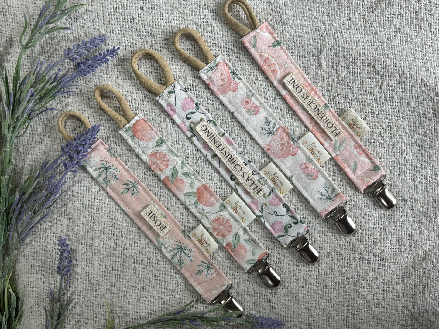Personalised Dummy Clip – Handmade, Safe & Timeless Fruits and Florals Baby Keepsake