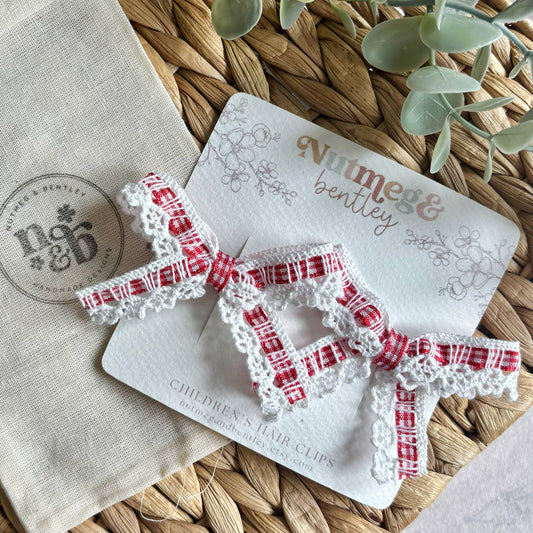 RED Gingham Lace Pigtail Clips Set