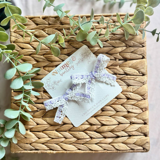 PURPLE Gingham Lace Pigtail Clips Set