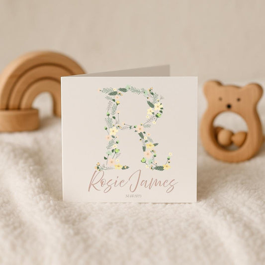 Floral Initial Personalised New Baby Card